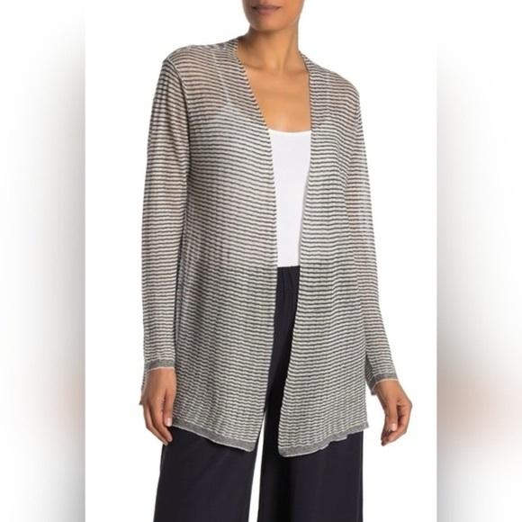 Eileen Fisher black & white stripe linen open front cardigan - Medium - Picture 4 of 6